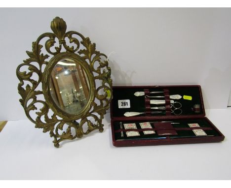 VANITY CASE, late Victorian leather cased vanity set with mother of pearl detail and thimble, together with gilt foliate scro