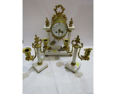 CLOCK GARNITURE, white marble and gilt metal pillar support 3 piece clock garniture, twin branch candelabra and floral painte