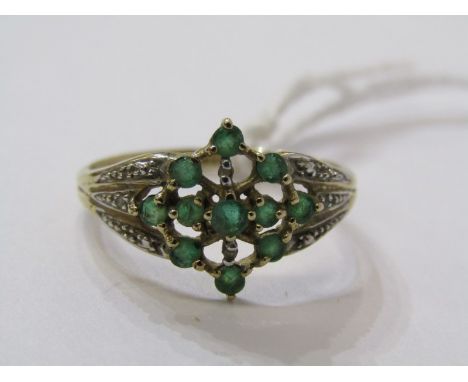 9ct YELLOW GOLD EMERALD &amp; DIAMOND CLUSTER RING, principal cluster of emeralds in a snowflake design with accent brilliant