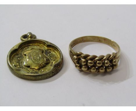 9ct YELLOW GOLD VINTAGE DURO KEEPER RING, approx. 6 grams, together with silver gilt fob, keeper ring size Y/Z 