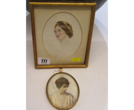 MINIATURE PORTRAITS, pendant framed Edwardian portrait "Young Lady with pearl necklace" and 1 other watercolour portrait of Y
