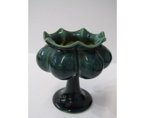 LINTHORPE POTTERY, green glazed octagonal lobbed pedestal small vase, impressed mark, model no 1441, 4" height 