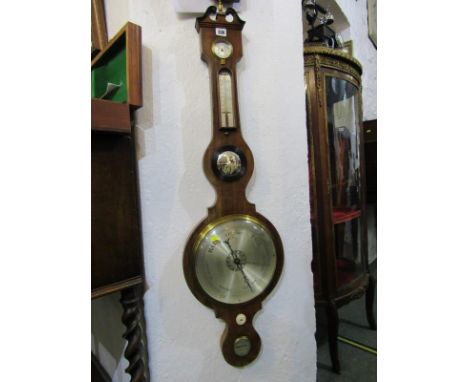 GEORGIAN WHEEL BAROMETER, inlaid mahogany barometer, inset convex mirror and thermometer with satin finish dial 