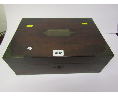 VICTORIAN WRITING BOX, brass inset mahogany writing box adapted as a button box, 13" width 