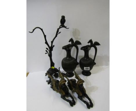 METALWARE, pair of Pegasus handled metal ornamental flagons, 8.5" height, also pair of Sphinx gilded metal clock ornaments an