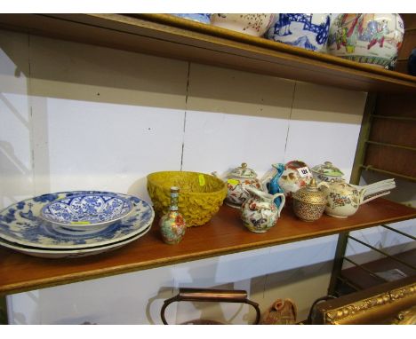 ORIENTAL CERAMICS, 2 oriental small teapots, porcelain ladles, miniature spill vase and contents of shelf 