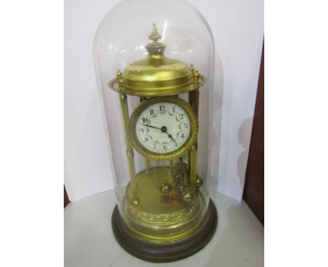 400 DAY DOMED GLASS MANTEL CLOCK, of temple pillar design and floral enamelled face, 17" height 