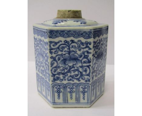 ORIENTAL CERAMICS, 18th Century Chinese hexagonal tea caddy decorated with underglaze blue floral and foliate design, 5" heig
