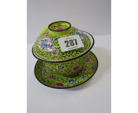 ORIENTAL ENAMEL, yellow ground lidded rice bowl and stand with pictorial reserve 