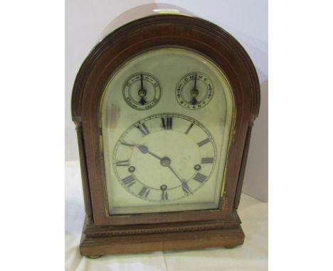 EDWARDIAN BRACKET CLOCK, inlaid mahogany domed top with coiled bar stike and satin finish dial face, 14" height 