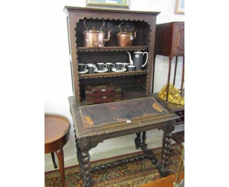 FLEMISH CARVED OAK BUREAU BOOKCASE, slope front barley twist stretcher base writing desk with added open shelf top (requires 