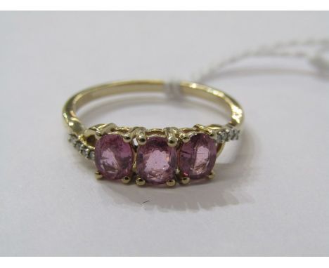 3 STONE AMETHYST RING, 3 well matched oval cut amethysts with brilliant cut diamonds to each shoulder, size O 