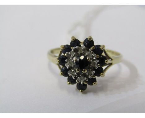 9ct YELLOW GOLD SAPPHIRE &amp; DIAMOND CLUSTER RING, size P 