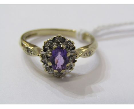 9ct YELLOW GOLD AMETHYST &amp; DIAMOND RING, principal oval cut amethyst surrounded by illusion set diamonds with accent diam