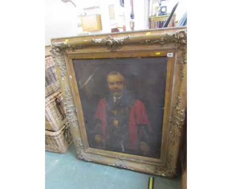 19TH CENTURY PORTRAIT, oil on canvas half length portrait of a man in Mayors regalia 36' x 26' in an ornate gilt frame (with 