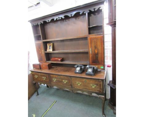 GEORGIAN DESIGN OAK TRIPLE DRAWER DRESSER with open shelf and marquetry side cupboards top rack, cabriole legs with pad feet 