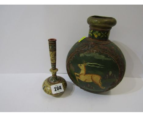 INDO PERSIAN, painted metal flask decorated with Hunter and Leaping Game, 8" height, also Kashmir lacquered papier mache spil