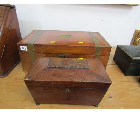 TEA POY AND WRITING BOX, 19th century mahogany veneered brass bound writing box 17.5' width (lacks name plate) also 19th cent