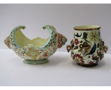 ZSOLNAY, turquoise enamelled rim scroll edged flower basket (edge cracked), also 4.5" similar vase 