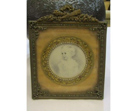 PORTRAIT MINIATURE, Young Child in jewelled and ornate cast easel frame, 9" x 7" 