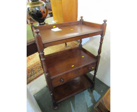 VICTORIAN MAHOGANY WHATNOT, 3 tier whatnot with central shelf drawer, baluster pillar support, 23" width (1 castor in drawer)