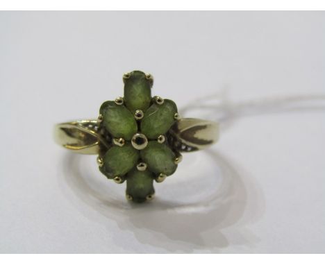 9ct YELLOW GOLD GREEN PERIDOT &amp; DIAMOND CLUSTER RING, 6 principal oval cut peridot stones in the form of a flower with ac