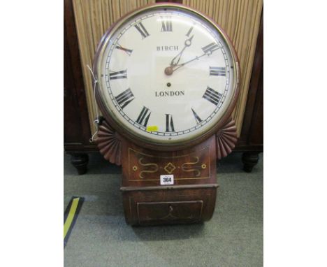 LATE REGENCY WALL CLOCK, brass inlaid mahogany drop dial wall clock signed Birch of London, 22" height 