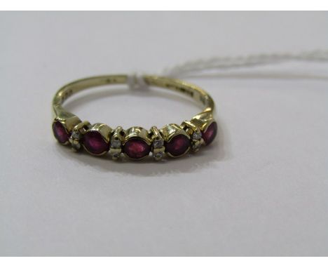 9ct YELLOW GOLD EMERALD &amp; DIAMOND HALF ETERNITY STYLE RING, 5 round brilliant cut rubies each seperated by a pair of acce