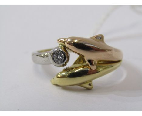 UNUSUAL 3 TONE ROSE, YELLOW &amp; WHITE GOLD DIAMOND SET DOLPHIN RING, 2 leaping dolphins, 1 in yellow 1 in rose gold flankin