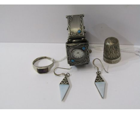 SILVER JEWELLERY, silver ring, silver thimble and wrist watch set with turquoise 