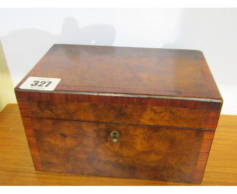 VICTORIAN TEA CADDY, cross banded burr walnut rectangular 2 section tea caddy 
