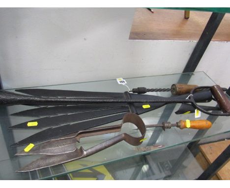 VINTAGE TOOLS, wrought iron shepherd's crook, eel spear, dagging shears, etc 