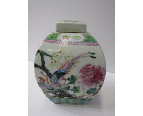 ORIENTAL CERAMICS, 19th Century Famille Rose square base tea caddy and lid decorated with blossoming boughs, 6.5" height 