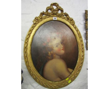 PORTRAIT, oval and gilt framed oil on canvas "Portrait of Young Girl with rose garland", 19" x 15" 