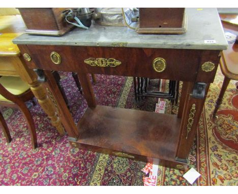 EMPIRE DESIGN MARBLE TOPPED MAHOGANY HALL TABLE, applied Empire design metal mounts and ring drop handles with open base shel