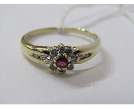 9ct YELLOW GOLD RUBY &amp; DIAMOND CLUSTER RING, principal brilliant cut rubies surrounded by brilliant cut diamonds in 9ct y