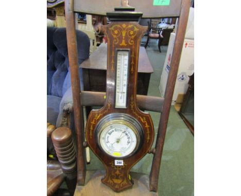 MARQUETRY BAROMETER, Edwardian inlaid rosewood aneroid barometer, 28" height 