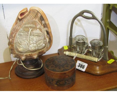 CARVED ITALIAN SHELL TABLE LAMP, stanhope needle case, Edwardian ink well and treen stud box 