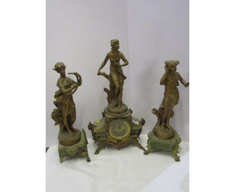 FRENCH CLOCK GARNITURE, green onyx based 3 piece gilt metal figure crested garniture 