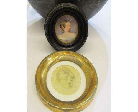 PORTRAIT MINIATURES, 19th Century ivory oval panel "Portrait of Young Lady with lace trimmed blue dress", by R Harding, toget