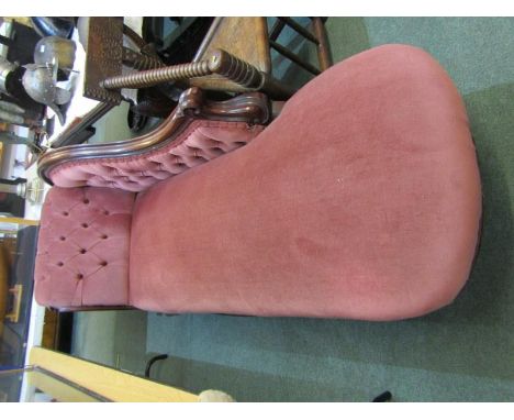 VICTORIAN CHAISE LOUNGE, mahogany framed scroll back chaise, scroll feet and pink button back upholstery 