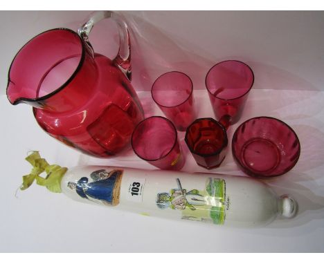 VICTORIAN GLASSWARE, novelty glass rolling pin with internal portrait decoration, together with cranberry glass jug, tumblers