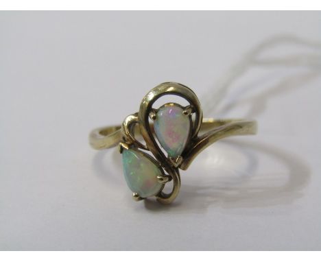 9ct YELLOW GOLD 2 STONE AUSTRALIAN OPAL BYPASS RING, unusual design 2 cabochon pear cut opals of good colour in 9ct yellow go