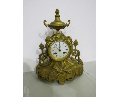 ANTIQUE MANTEL CLOCK, 19th Century French ormolu mantel clock with bell strike cylinder movement, urn cresting and swag desig