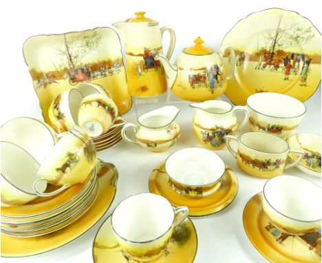 Extensive collection of Royal Doulton Series Ware Coaching Days porcelain, including tea and coffee pots, cups, plates, sauce