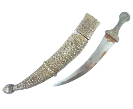 19th century Persian Khanjar dagger, the scabbard with silver filligree decoration, 29cm blade