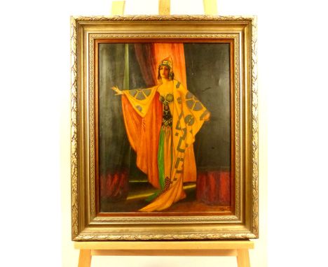 W.S.L., early 20th C, portrait of a 1920s girl in Egyptian Revival costume, oil on panel, initials and date 1920, lower right