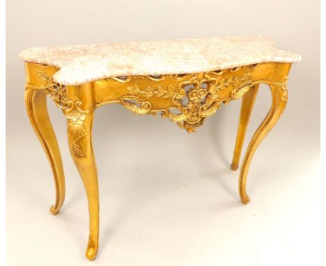 Louis XVI style console table, red variegated marble top, pierced floral and scallop decoration, bow front, cabriole legs, 11