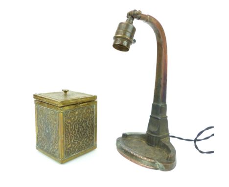 1920s copper and brass desk light, 32cm h, and a brass tea caddy (2)