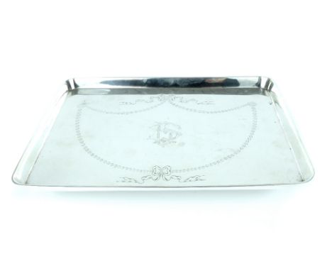 Silver dressing table tray, Birmingham 1909 William Neale, 13.8oz, ribbon decoration and bluebell trailing, 20 x 27.2cm